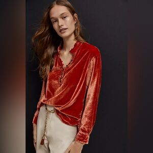 Anthropologie NWT Velvet Ruffle Neck Blouse in Rust